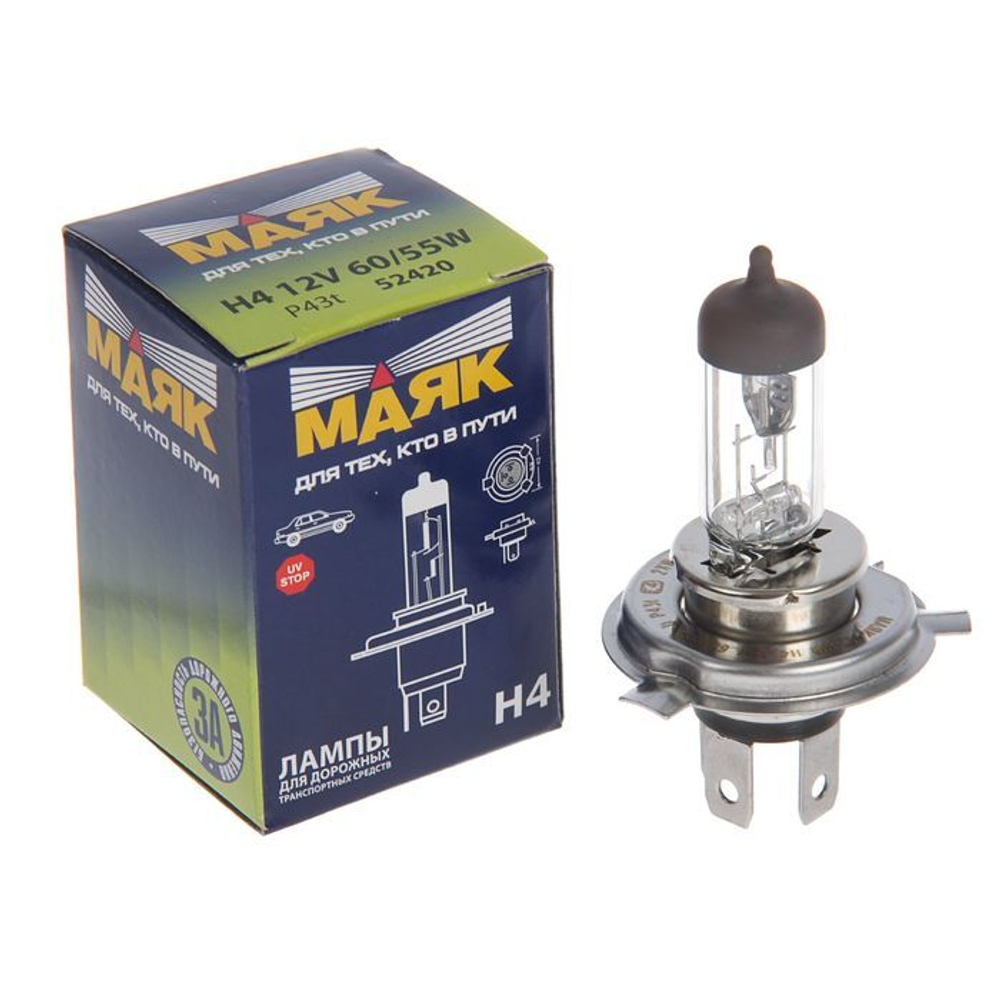 Галогенная лампа H4 60/55W 12V P43t Маяк Ultra +100%