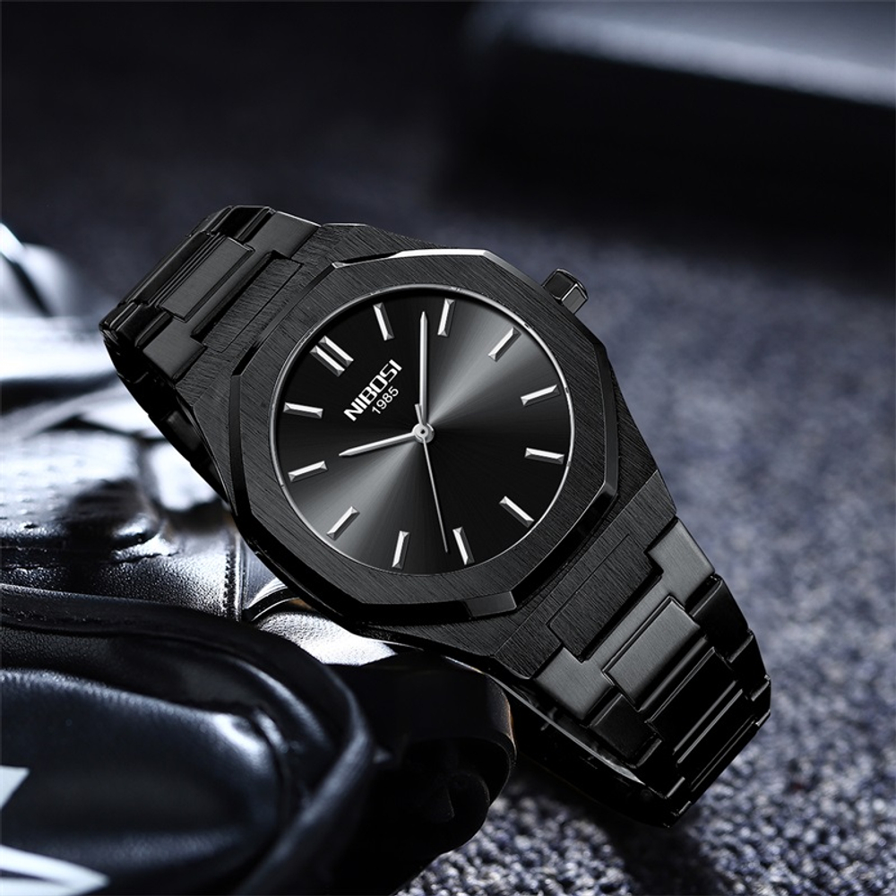 NIBOSI 1985 Quartz Movement Stainless Steel Strap Watch Men"s Watches Black Dial