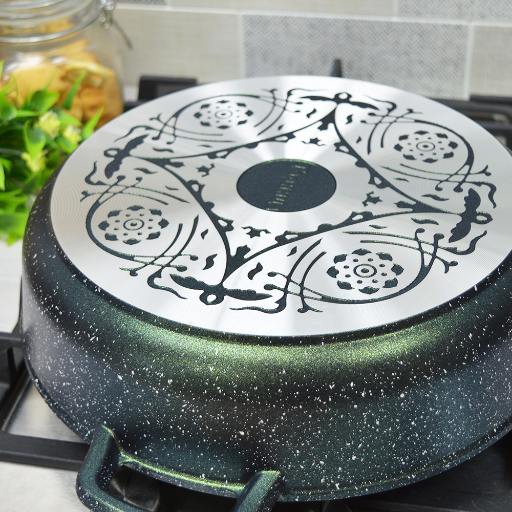 Жаровня 28*7см 3,5л Сияние Green с литыми ручками и стеклянной крышкой, ж2832Gr