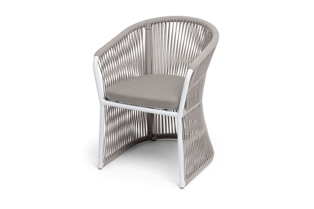 "Романо" стул плетеный из роупа, каркас алюминий белый муар, роуп бежевый круглый, ткань бежевая 15052