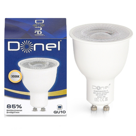 Donel, Светодиодная лампа 9Вт, MR16, 220В, GU10, 3000K, 675Лм, Ra>80, 60°, D50хH65мм, Серия: DN03