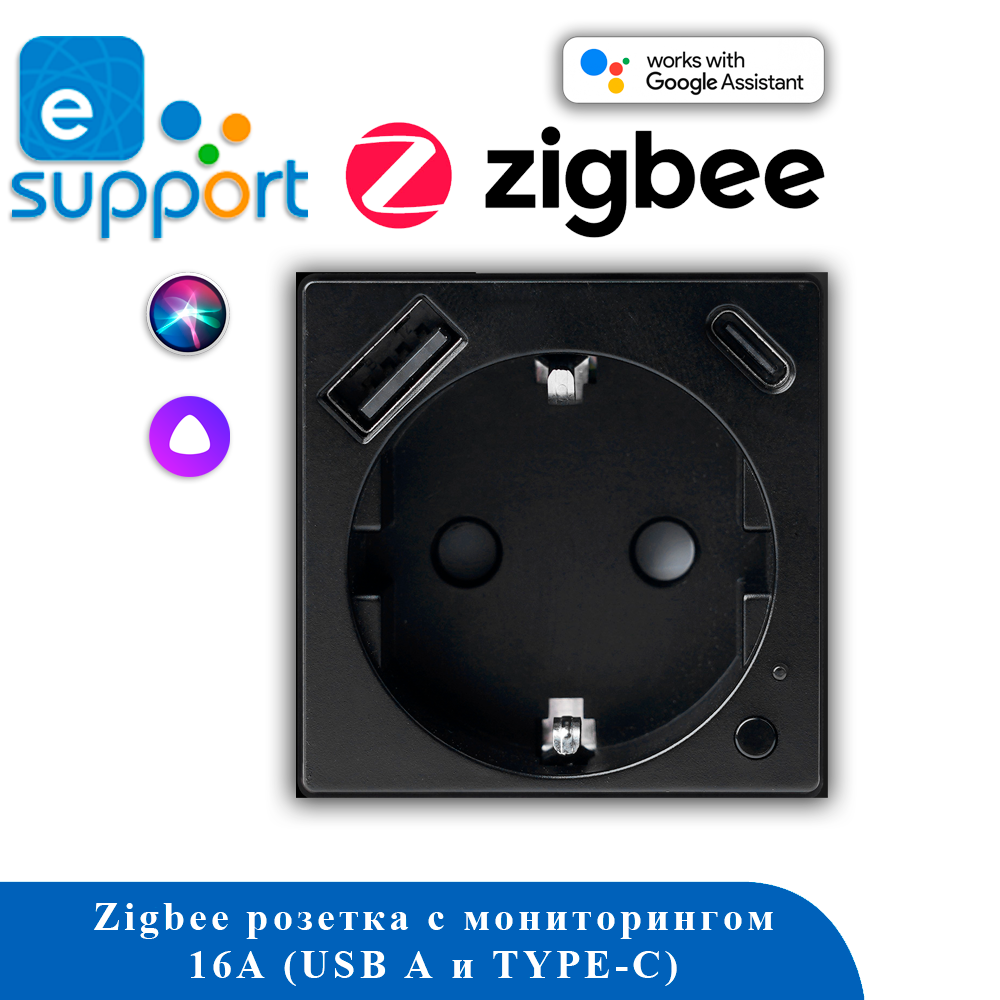 Розетка ZigBee с мониторингом 16А + USB A + TYPE-C 20W 1F20WAC (черный) TUYA