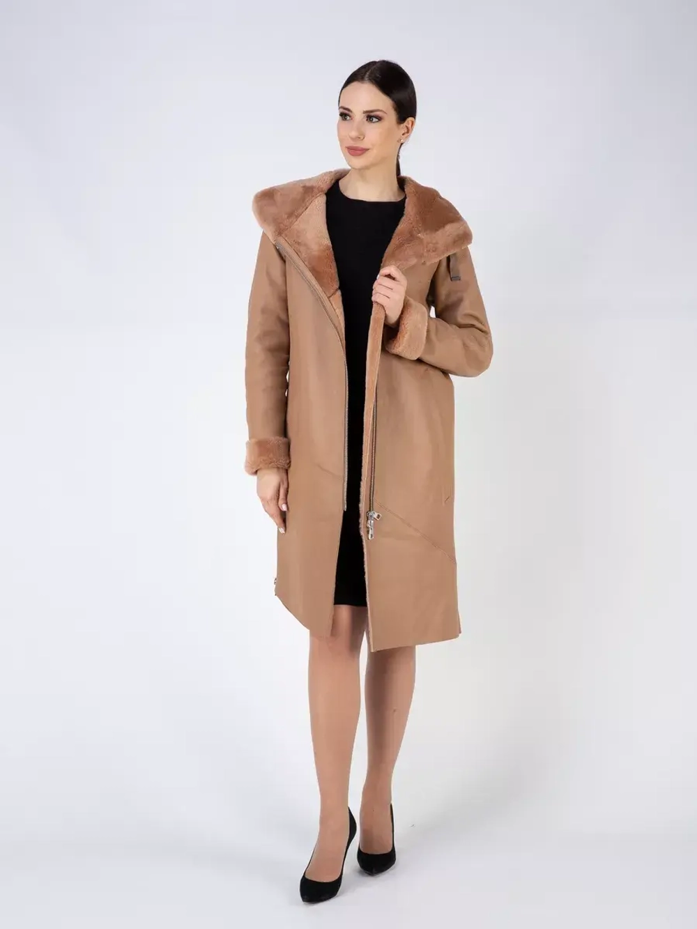 Дубленка зима натуральная удлиненная с капюшоном