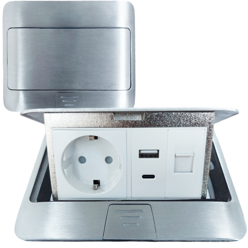 Лючок в пол 1-РОЗЕТКА + USB+TYPE-C + INT (цвет серебро)