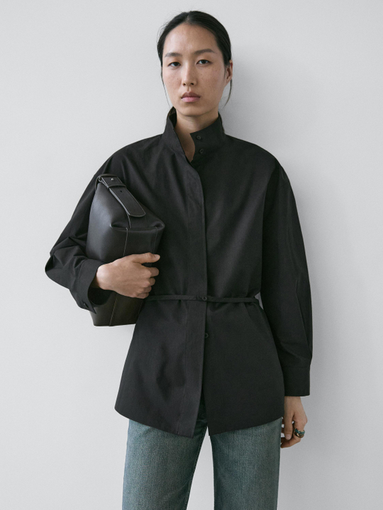 Massimo Dutti Рубашка с высоким воротником и ремешком, черный