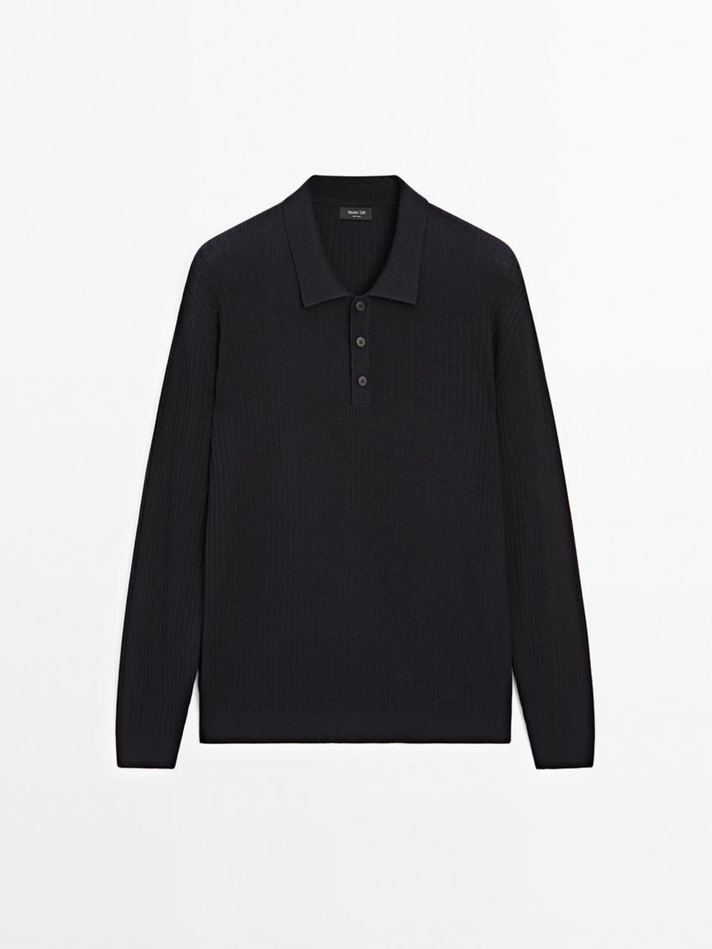 Massimo Dutti Трикотажный свитер с воротником-поло, темно-синий