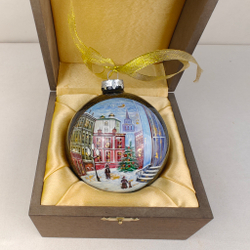 Шар новогодний с круговой росписью Палех "Москва. Арбат" в футляре
