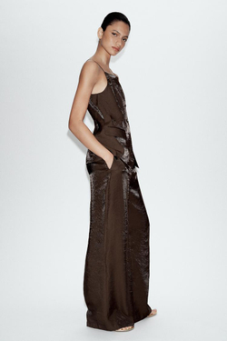 ZARA БРЮКИ ПРЯМОГО КРОЯ С БЛЕСКОМ, КОРИЧНЕВЫЙ