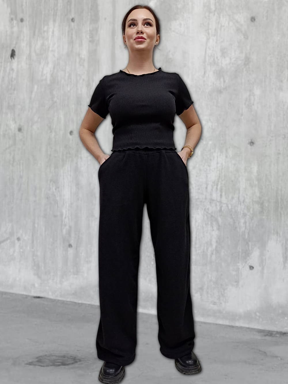 21331 Брюки-палаццо внизу с утяжкой флисовые черные (52)
