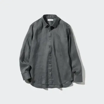 UNIQLO ЛЬНЯНАЯ РУБАШКА 100% ПРЕМИУМ-КЛАССА, ТЕМНО-СЕРЫЙ