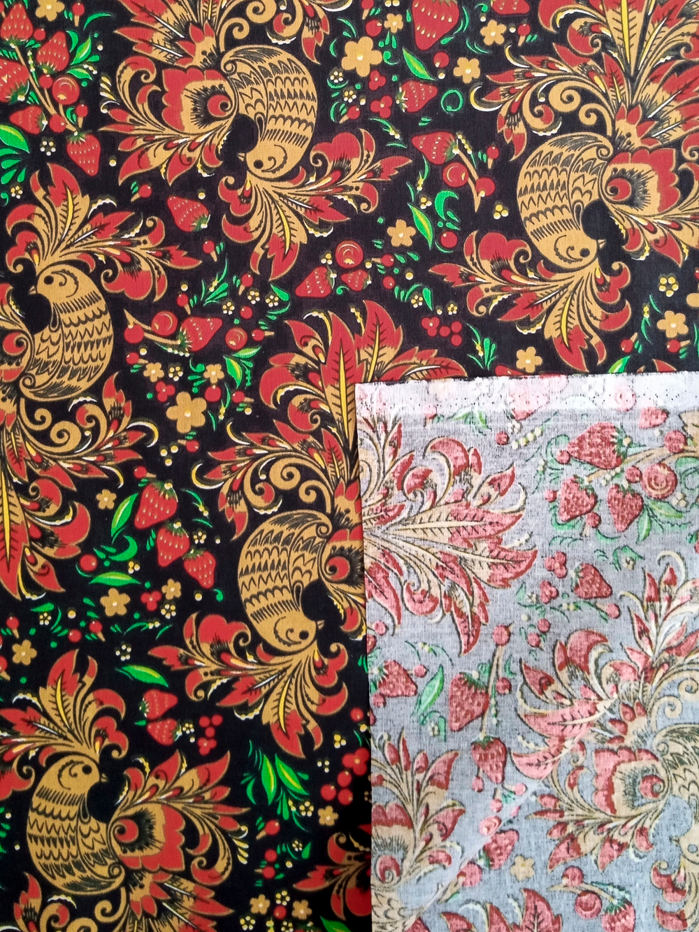 Ткань бязь плательная, рис. "Хохлома жар-птица", ширина 150 см, арт. 871