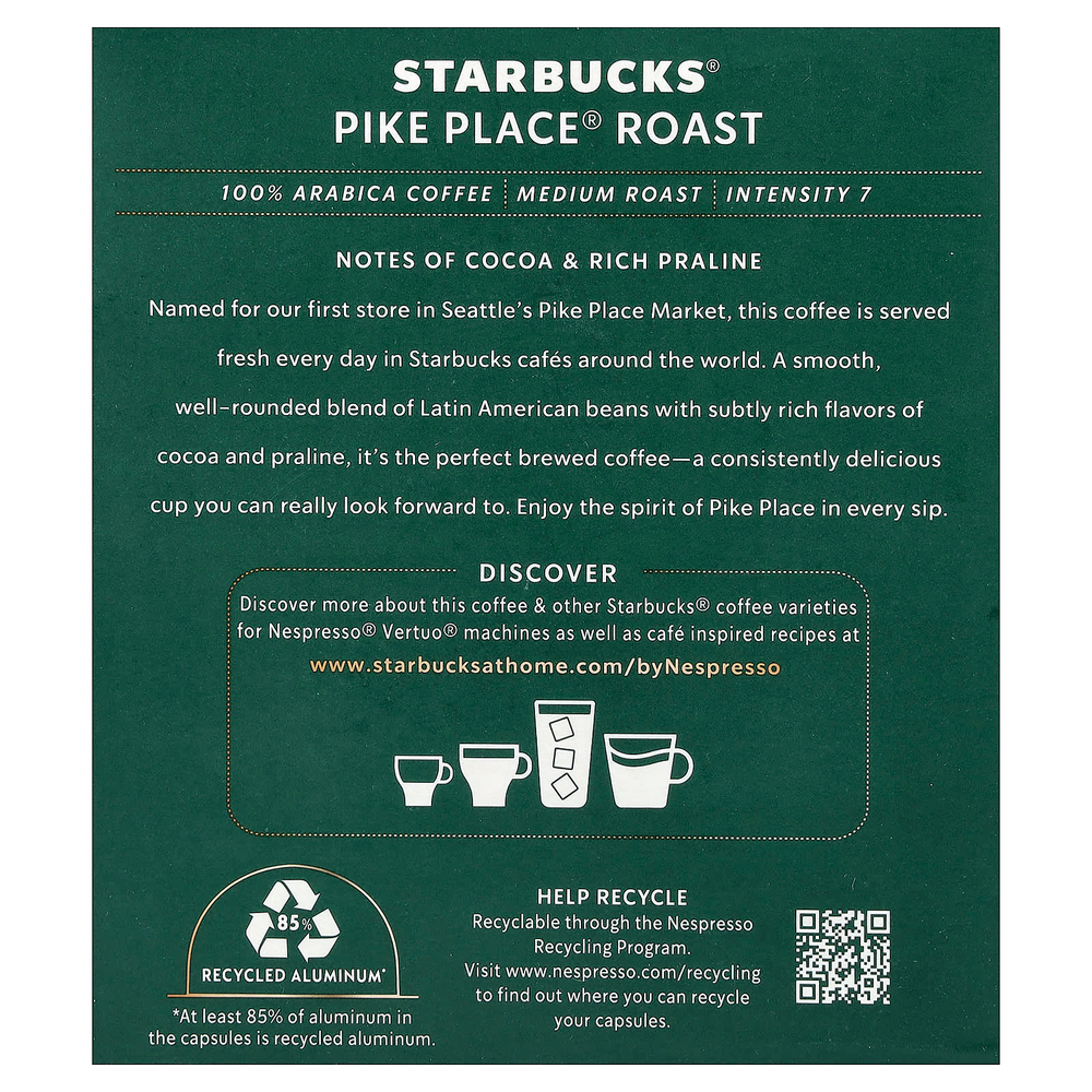 Starbucks, Nespresso®, Pike Place® обжарка, молотый, средняя обжарка, 8 алюминиевых капсул
