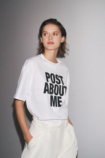 ZARA ФУТБОЛКА ОВЕРСАЙЗ С НАДПИСЬЮ, БЕЛЫЙ