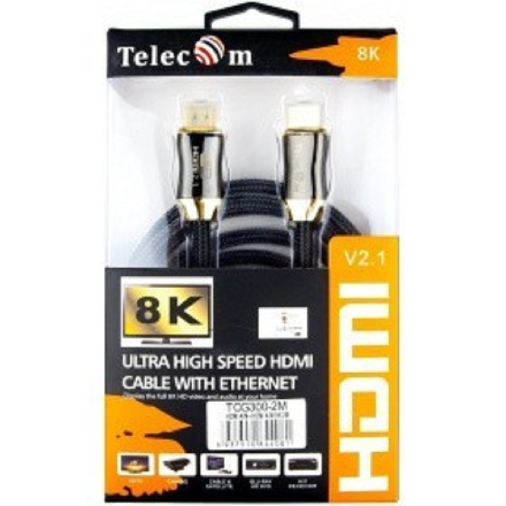 Видеокабели и переходники Telecom Кабель HDMI 19M / M,ver. 2.1, 8K@60 Hz 2m метал разъемы, нейлоновая оплетка Telecom [6937510844081]