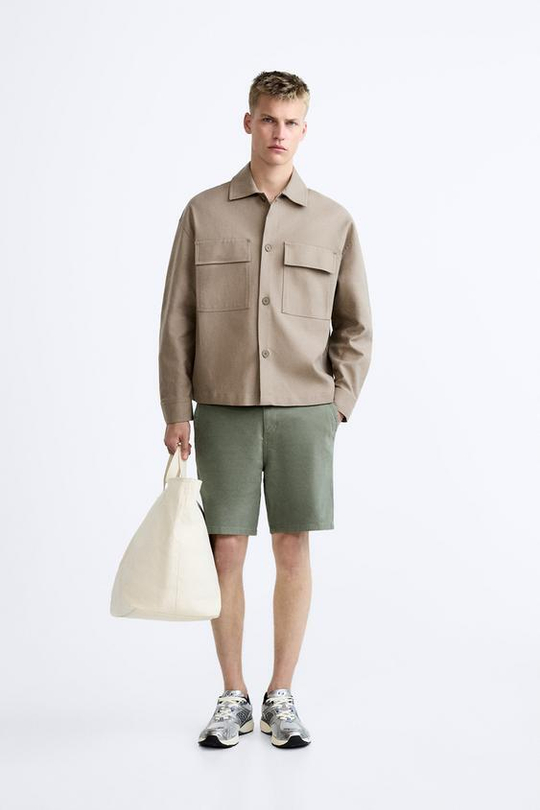 ZARA ШОРТЫ ЧИНОС ИЗ РЕЛЬЕФНОЙ ТКАНИ, ЗЕЛЕНЫЙ