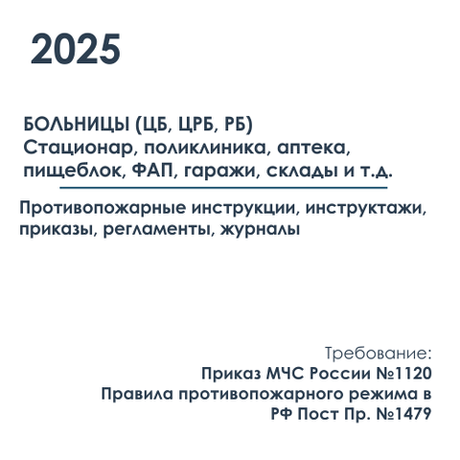 Комплект документов по пожарной безопасности в электронном виде 2025 для больницы - Стационар, поликлиника, аптека, пищеблок, ФАП, гаражи, склады и т.д.