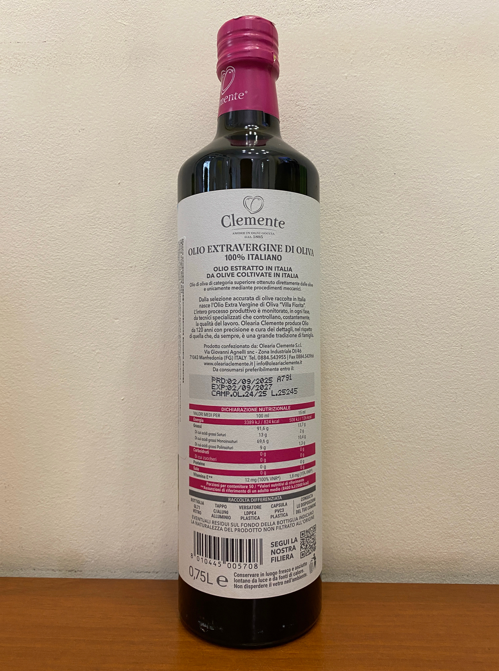 Оливковое масло Clemente 100% Italiano “Villa Fiorita” 0,75 л, Италия
