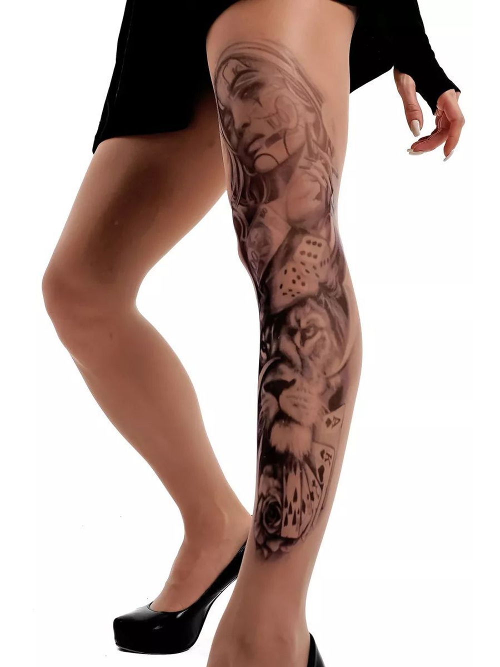 Колготки с принтом в виде девушки-джокера и льва (Размер: S-M-L) (Цвет: бежевый)