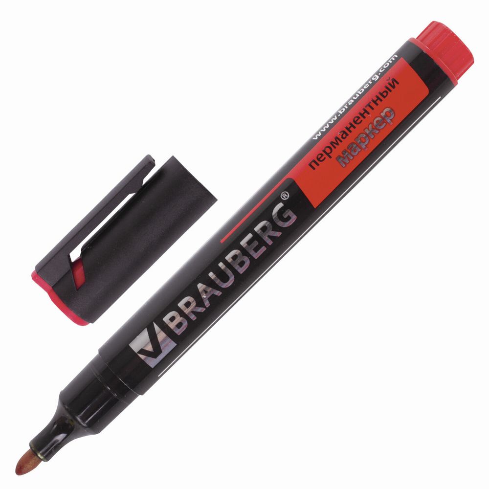 Маркер перманентный (нестираемый) BRAUBERG "Energy", КРАСНЫЙ, круглый наконечник, 3 мм, с клипом, 150477