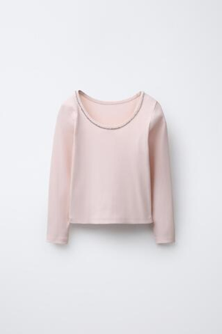 ZARA ТОП В РУБЧИК СО СТРАЗАМИ, РОЗОВЫЙ