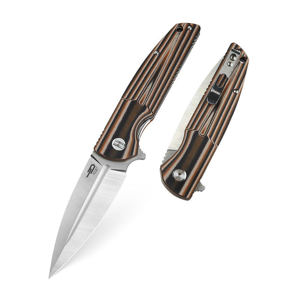 Нож складной Bestech Fin сталь 14C28N, рукоять G10 черно-оранжевая-бежевая