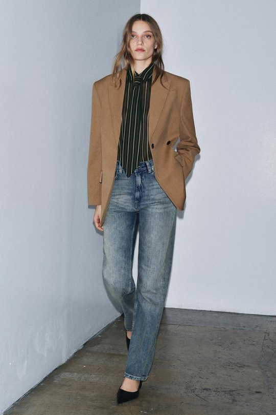 ZARA ДЖИНСЫ ZW COLLECTION ПРЯМОГО КРОЯ С ВЫСОКОЙ ПОСАДКОЙ, ВЫЦВЕТШИЙ СИНИЙ