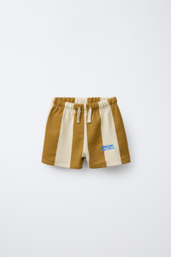 ZARA ШОРТЫ-БЕРМУДЫ В ПОЛОСКУ С ВЫШИТОЙ НАДПИСЬЮ, КОРИЧНЕВЫЙ