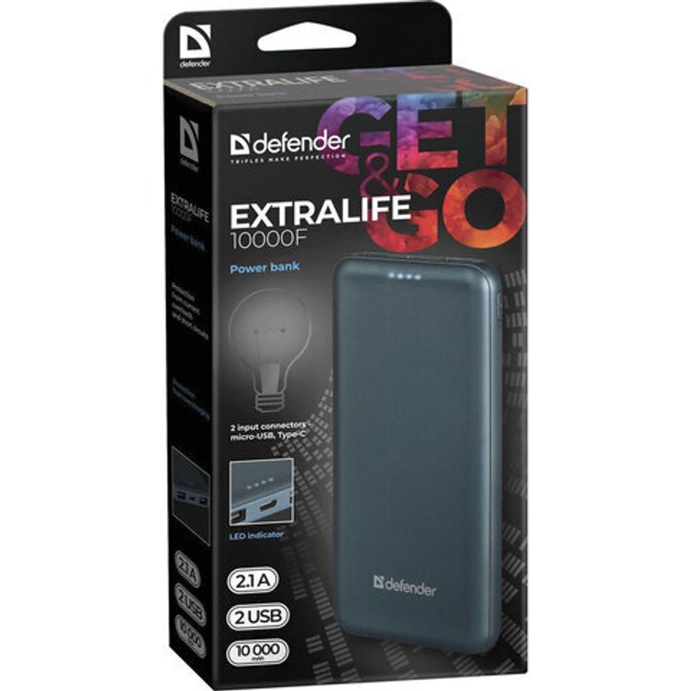 Аккумулятор внешний DEFENDER EXTRALIFE 10000F, 10000 mAh, 2 USB, Li-pol, синий, 83663