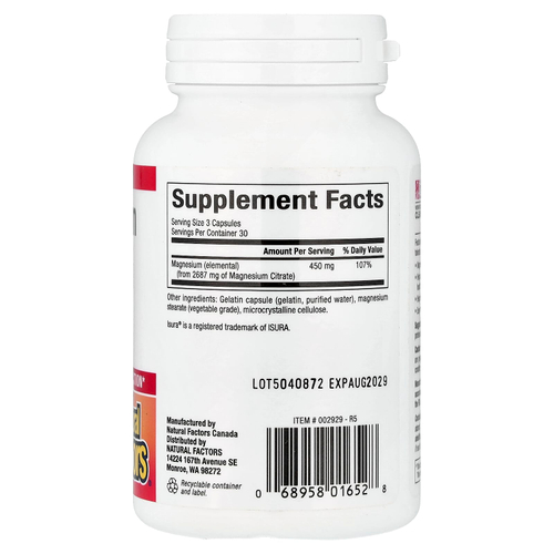 Natural Factors, цитрат магния, 90 капсул (150 мг в 1 капсуле)