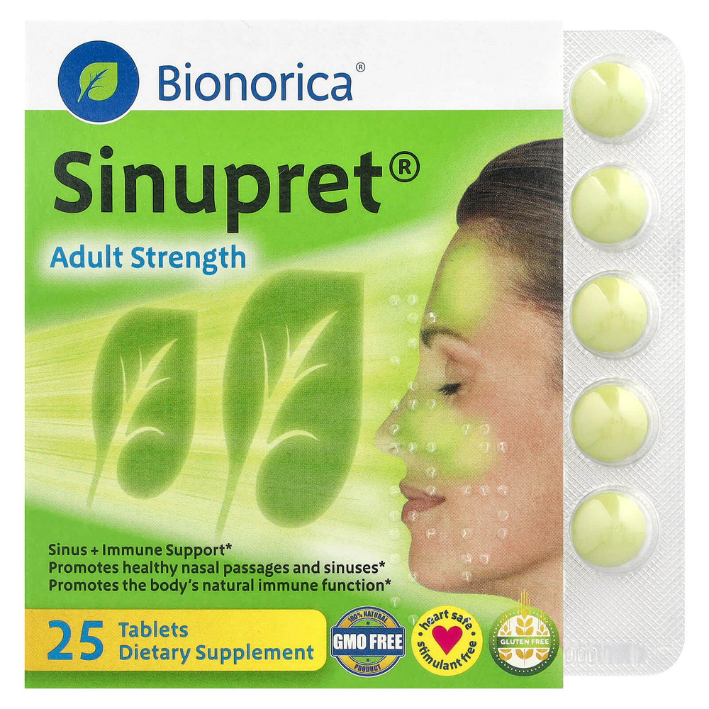 Bionorica, Sinupret, Adult Strength, поддержка здоровья носовых пазух и иммунной системы для взрослых, 25 таблеток