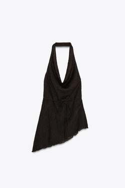 ZARA АСИММЕТРИЧНЫЙ ТОП ИЗ РЕЛЬЕФНОЙ ТКАНИ, ТЕМНО-КОРИЧНЕВЫЙ