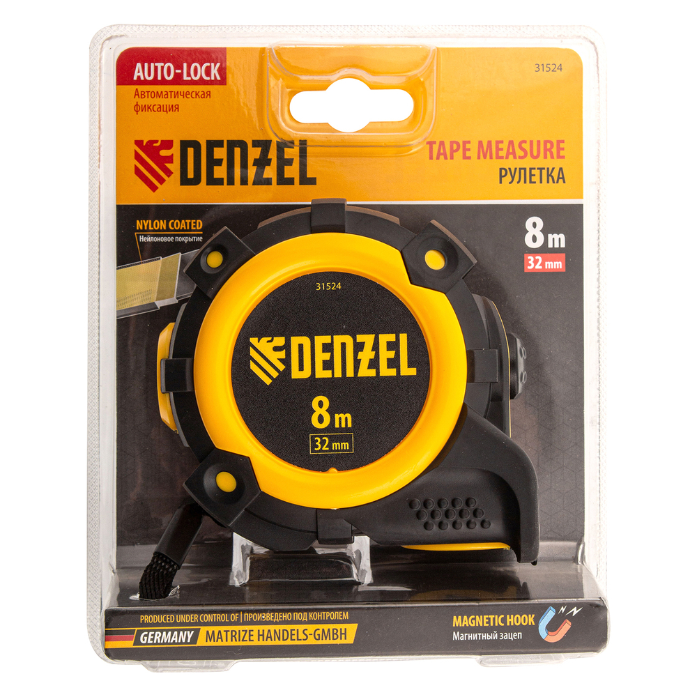 Рулетка 8м х 32мм, автоматич. фиксац., нейлон. покрытие, магнит. зацеп, двухстор. разметка Denzel