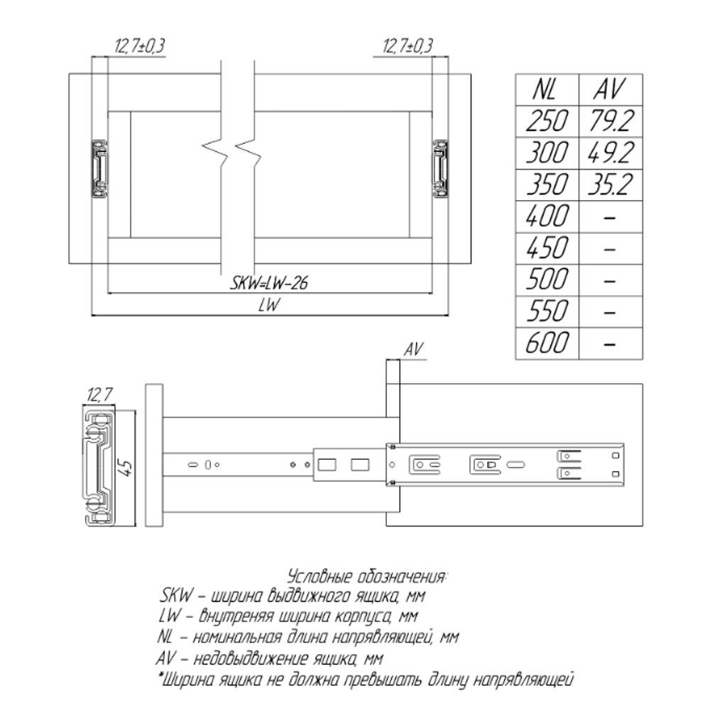 Направляющая шариковая с доводчиком H45 (1.2/1.2/1.4) 40кг 450 AQ