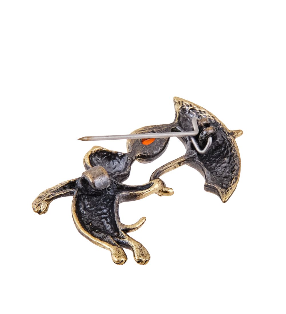 AM-3795 Брошь «Кошечка под зонтиком» (латунь, янтарь)