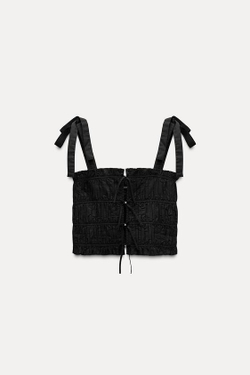 ZARA ТОП ИЗ ПОПЛИНА С БАНТАМИ И СТРАЗАМИ, ЧЕРНЫЙ