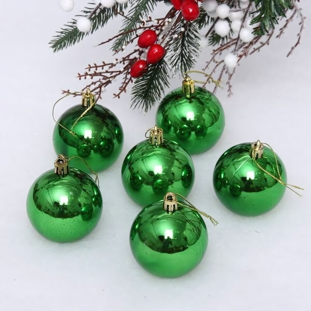 Новогодние шары 6 см (набор 6 шт) "Глянец", Зеленый (пакет) (Серпантин)