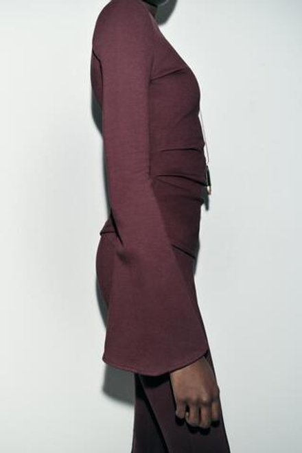 ZARA ТОП ИЗ ИНТЕРЛОКА С ДЛИННЫМ РУКАВОМ, ВИННЫЙ