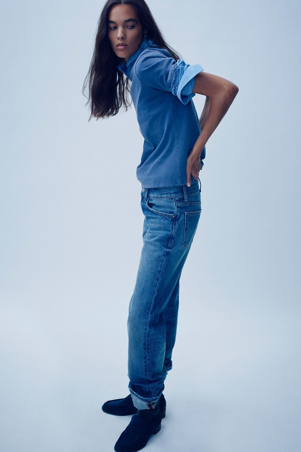 ZARA ФУТБОЛКА С ЭФФЕКТОМ ПОТЕРТОСТИ, СИНИЙ