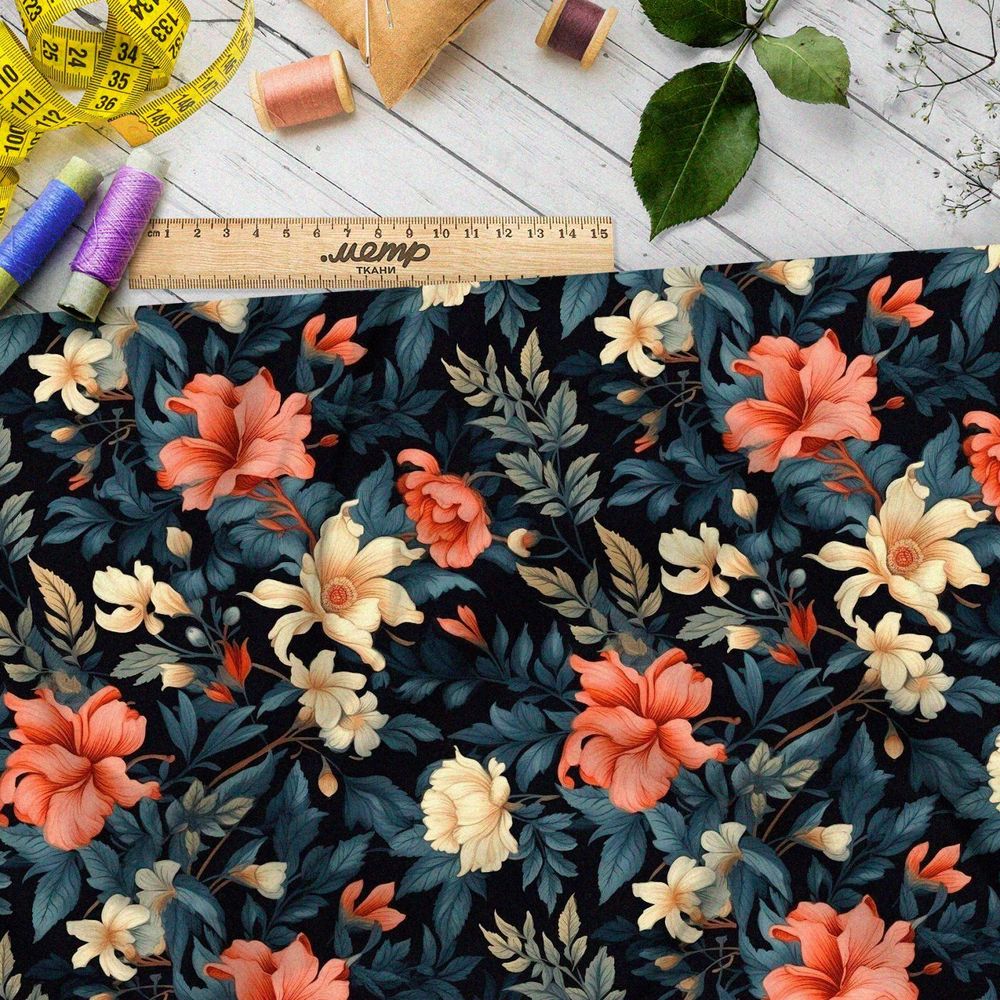 Ткань премиум шифон цветы в лунном свете