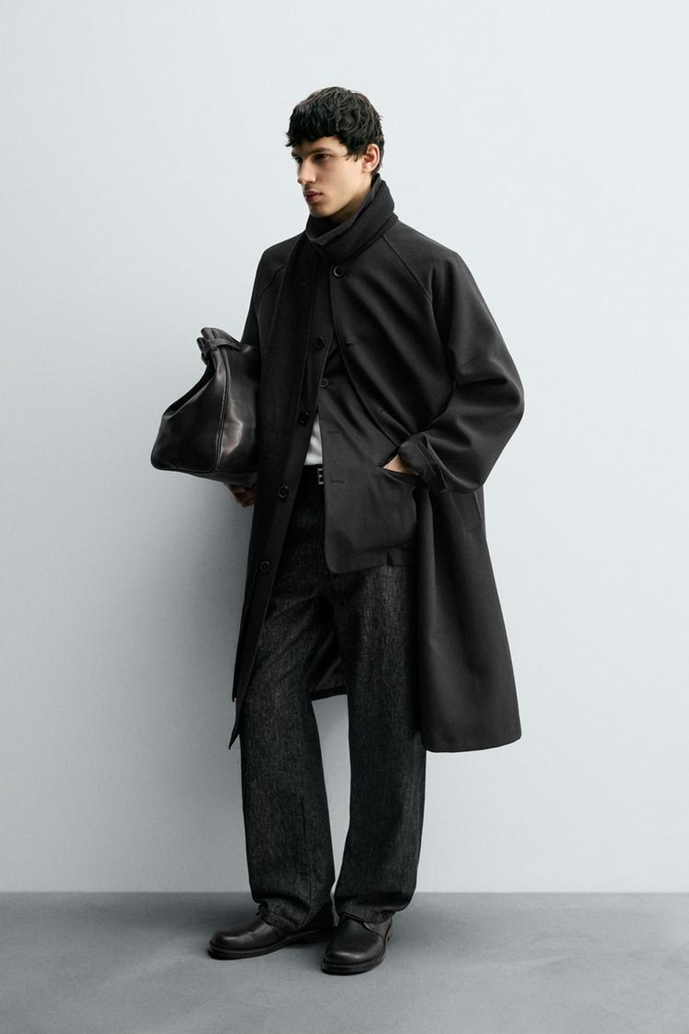 ZARA ТРЕНЧ ОВЕРСАЙЗ С ШЕРСТЬЮ, ЧЕРНЫЙ