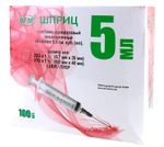 Шприц трехкомпонентный Luer с двумя иглами SFM 5 мл 22G (0,7 ⨯ 30 мм) + (0,8 ⨯ 40) 21G 100 шт