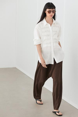 Massimo Dutti Рубашка из 100% льна с декоративной отделкой на груди, белый