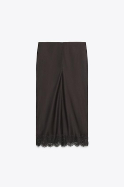 ZARA АТЛАСНАЯ ЮБКА С КРУЖЕВОМ — ZW COLLECTION, ТЕМНО-КОРИЧНЕВЫЙ