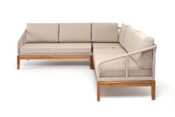 "Канны" диван модульный плетеный из роупа, основание дуб, роуп бежевый круглый, ткань бежевая 15052