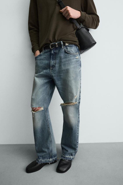 ZARA РАСКЛЕШЕННЫЕ ДЖИНСЫ С РАЗРЕЗАМИ, ВЫЦВЕТШИЙ СИНИЙ