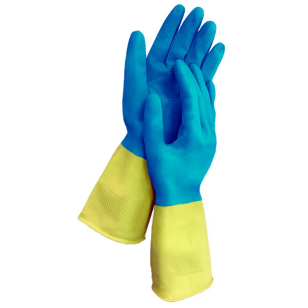 Перчатки МНОГОРАЗОВЫЕ латексные LAIMA "БИКОЛОР", сине-желтые, ОСОБО ПРОЧНЫЕ, хлопковое напыление, размер L (большой), вес 60 г