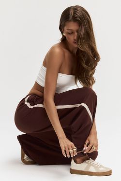 Широкие джоггеры без начеса с лампасом шоколадного цвета