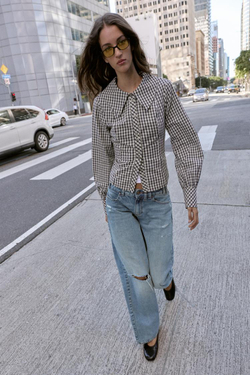 ZARA РУБАШКА В КЛЕТКУ С КРУГЛЫМ ВОРОТНИКОМ, КОРИЧНЕВО-СИНИЙ