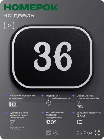 Номерок на дверь квартиры 36, для кабинета, офиса, шильдик 9 х 7 см, черный, Айдентика Технолоджи