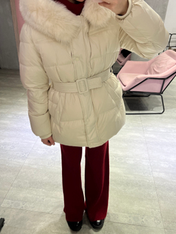 Пуховик Fresh миди с поясом молочный